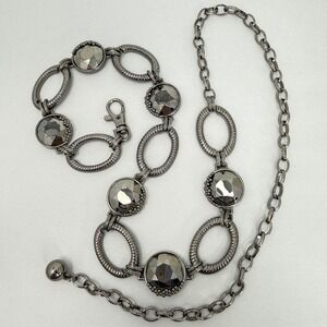 Gunmetal Chain Link Belt with Large Faceted Grey Crystals and Textured Ovals